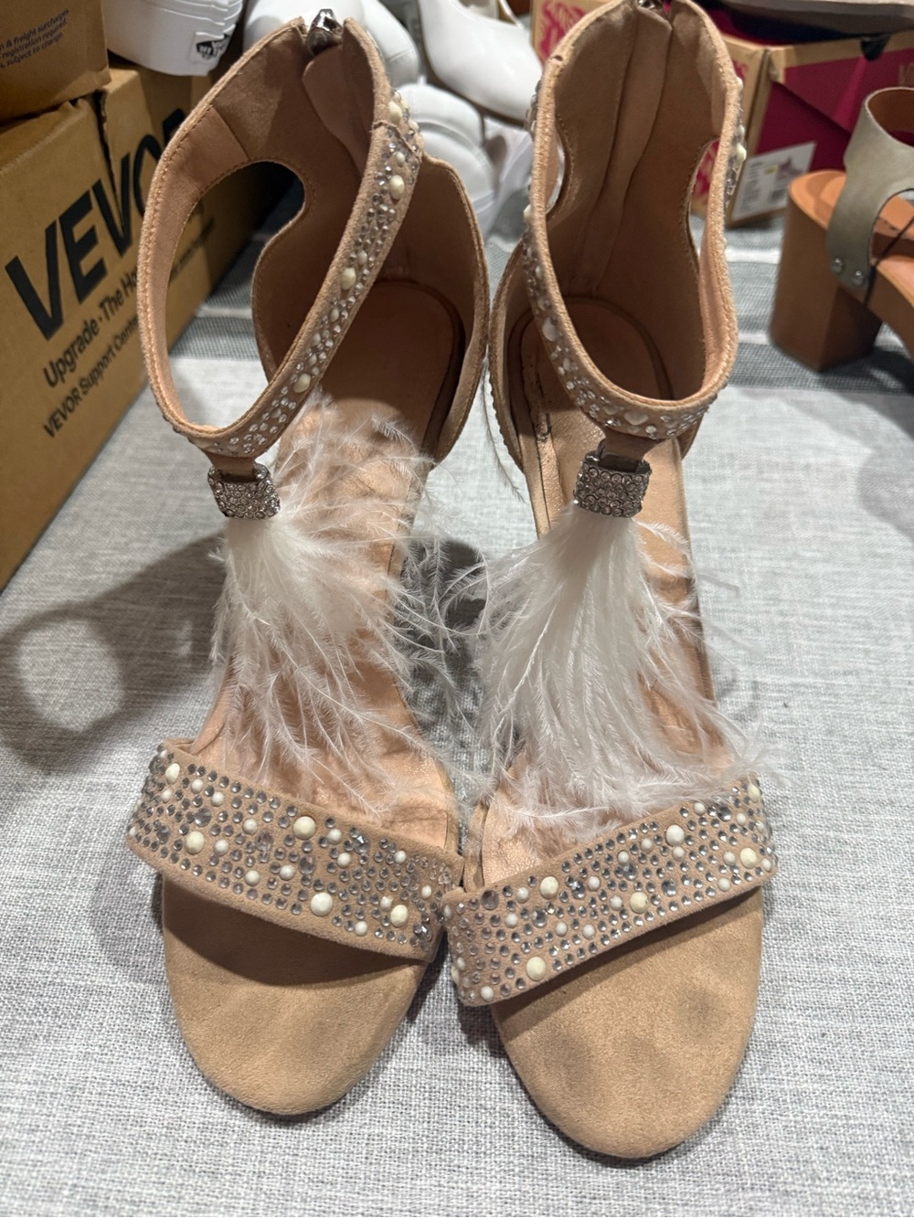 Beige Feather & Crystal Embellished Women's Heels